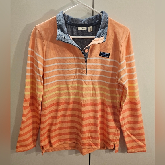 L.L. Bean Womans Medium Orange/Blue Striped 1/4 Button Rugby Top - Picture 1 of 6